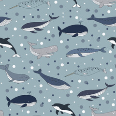 Whale sea animal vector seamless pattern.