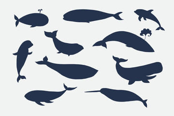 Whale sea animal silhouette vector illustrations set.
