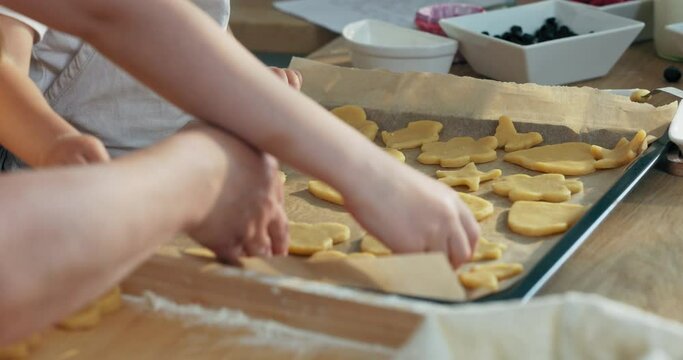 Close up shot kid's hands putting homemade cookies biscuits on baking tray for putting to new modern industrial oven. Happy family reunion granny with daughter cooking baking.
