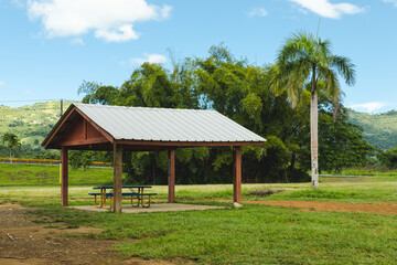 Fototapeta na wymiar One zinc roof wooden pavilion outdoor landscape from puerto rico public parks and fields 