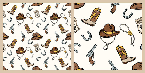 Cowboy Western Boho seamless Pattern, cowgirl hat, boots, shoe-horse , hand-drawn vector illustration - 540244013