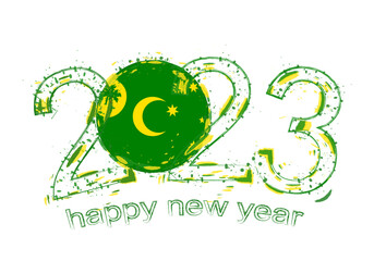 2023 Year in grunge style with flag of Cocos Islands.