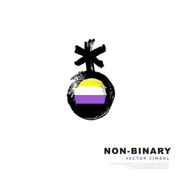 A symbol and a sign of non-binary pride. Yellow, white, purple and black brush strokes drawn by hand. A colorful logo of one of the LGBT flags.