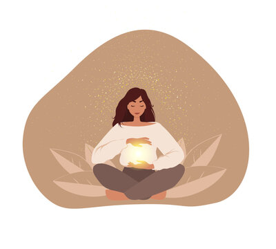Reiki healing energy, woman in pose lotus, energy worker practicing with healing hands. Spiritual healing concept