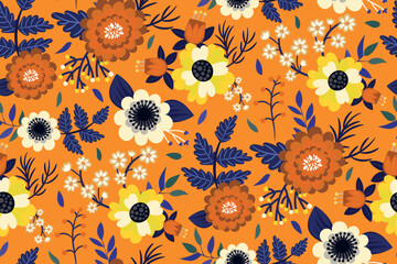 Bright seamless floral pattern, simple background in a bright autumn color palette - orange, yellow, blue. Botanical print with leaves, flowers, berries for fabrics, wallpapers, covers... Vector  - 540244614