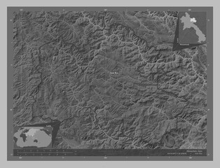 Houaphan, Laos. Grayscale. Labelled points of cities
