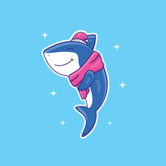 Cute cartoon shark wearing a hat and scarf vector illustration. Animal isolated vector. Flat cartoon style