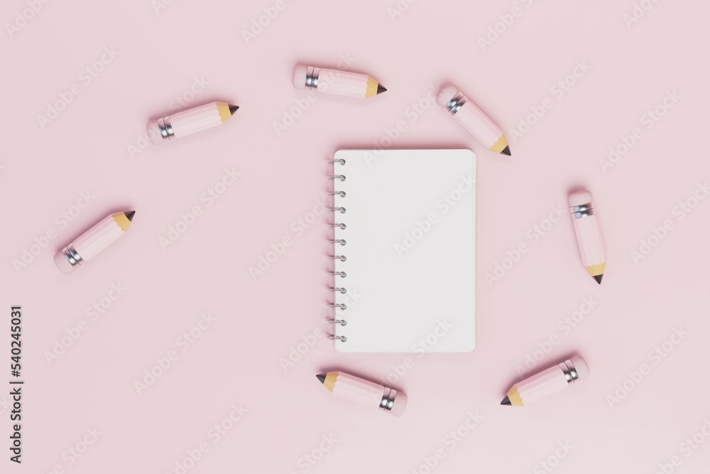 Poster write down new ideas in a notebook. pencils around the notebook on a pastel background. 3d render