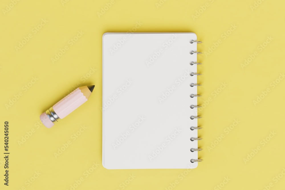Poster notes in the notebook during the training process. pencil and notepad on a yellow background. 3d ren