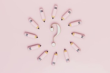 lack of ideas for creativity. pencils around the question mark on a pastel background. 3D render