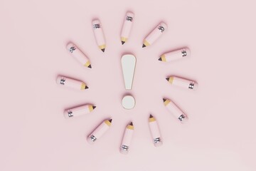 a new idea for creativity. lots of pencils around the exclamation mark on a pastel background. 3D render
