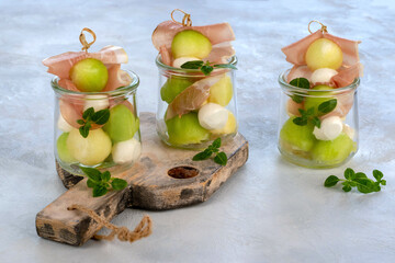 Jarcuterie is this appetizer recipe idea. Parma ham with melon on the skewer, mozzarella and basil for one portion, collected in a jar, ideal for parties, appetizers.
