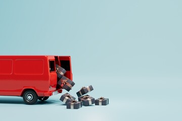 Fototapeta premium parcel delivery service. a red truck from which gift boxes are poured on a blue background. copy paste. 3D render