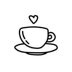 A cute cup of tea or coffee on a saucer with a heart. Hand drawn coffee cup illustration. Design element for coffee shop, tea house, print, sticker, coloring book. Line vector illustration