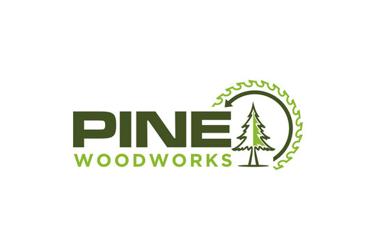 Pine tree wood work logo design rounded emblem shape conifer forest nature with circular saw logging lumberjack 
