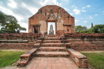 Ruins of pagodas, monks and walls of Wat Ratchaburana, Ayutthaya, Thailand that were destroyed by...