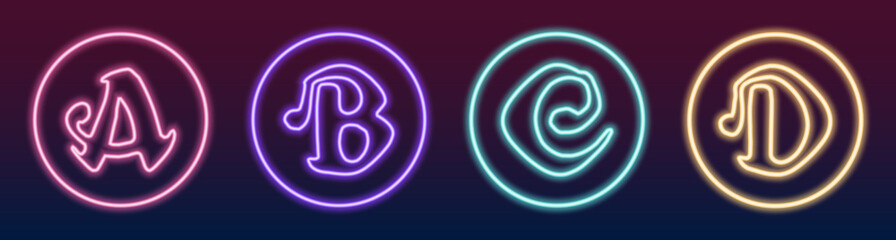 Set of four letters of alphabet. Vector illustration of pink, purple, blue, yellow neon letters A B C D in rounds isolated on dark background.