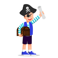 boy in a pirate outfit holding treasure box and a map