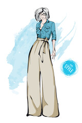 Beautiful young girl in stylish clothes. Fashion woman look. Sale concept. Hand-drawn fashion illustration. Cute girl in fashion clothes.
