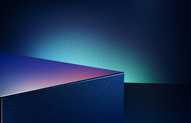 Dark abstract blue room with purple blue cube form podium edge illuminated spotlight - obrazy, fototapety, plakaty