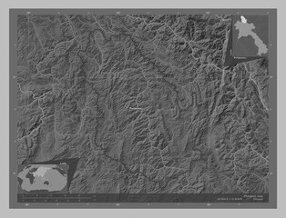 Phongsali, Laos. Grayscale. Labelled points of cities
