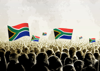 Crowd with the flags of South Africa, people cheering national team of South Africa. Ai generated illustration of crowd.