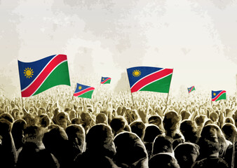 Crowd with the flags of Namibia, people cheering national team of Namibia. Ai generated illustration of crowd.