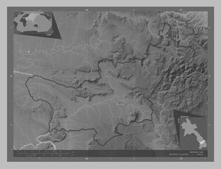 Saravan, Laos. Grayscale. Labelled points of cities
