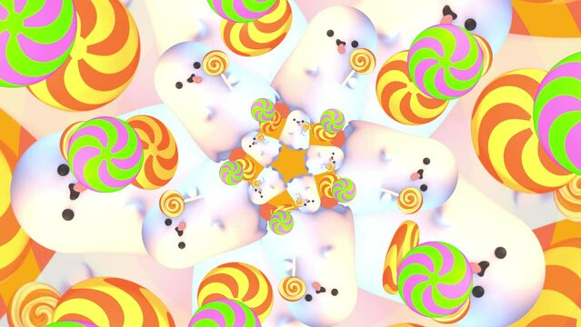 Looped cartoon spinning cute ghost with lollipop pattern motion graphics.