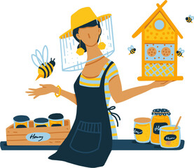 Simple color illustration of young female beekeeper with bee and beehive. Collect honey. Beekeeping concept illustration.