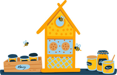 Simple illustration of beehive with bees and jars of honey. Concept of healthy organic food.