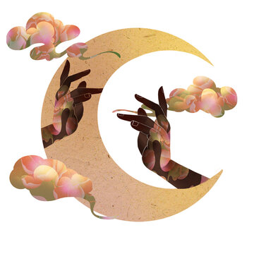 Moon with flowery clouds in Asian style, digital illustration, zen, transparent background