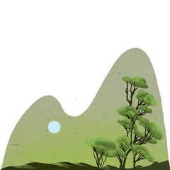 Landscape with mountains, moon, clouds, and trees