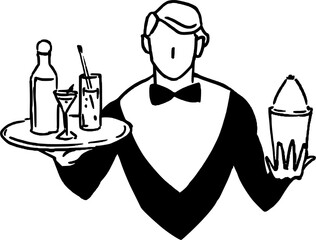 Illustration of bar man with alcohol drinks. People and job concept. Simple line drawing vector illustration.