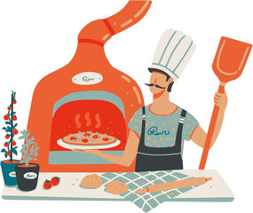 Vector illustration with young man holding pizza. Napoleon Italian Pizza with fresh mozzarella and basil leaves. True Italian Traditional Pizza Margherita. Simple vector print design, bar menu.