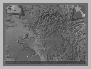 Xekong, Laos. Grayscale. Labelled points of cities