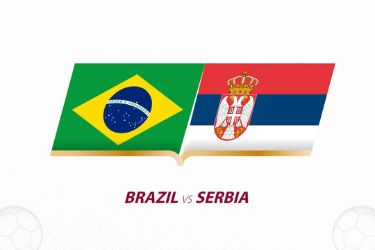 Brazil vs Serbia in Football Competition, Group A. Versus icon on Football background.