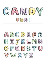Vector Hand Drawn Candy Alphabet Font Design Elements Isolated on White Background. Decorative Shining Sugar Font Design in Pastel Colors. Doodle Style Sweets ABC Letters Collection.