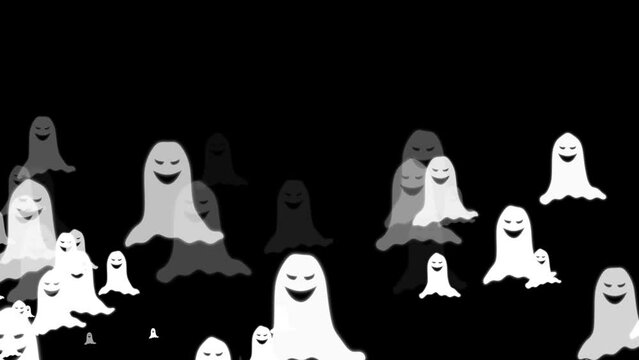 cute glowing white ghosts flying on dark background, Halloween party concept autumn design, 4k animation