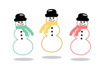 Vector Pastel Colors Snowman Set for New Year and Christmas graphic designs. Isolated Snowmen with pink  green and yellow Christmas hat, winter scarf and green colors Carrot nose and olives eyes.