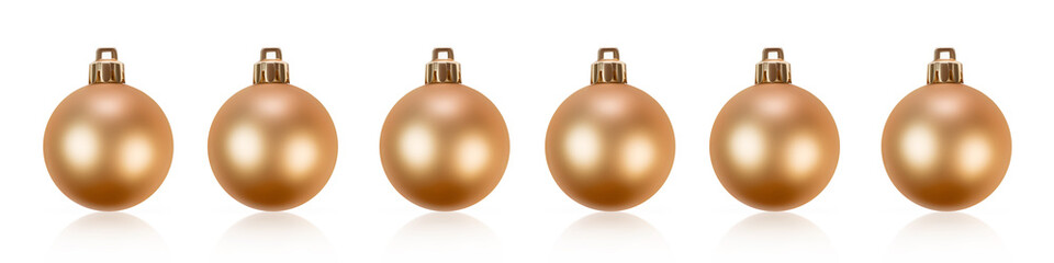 Golden Christmas ornaments in a row on white background with reflection