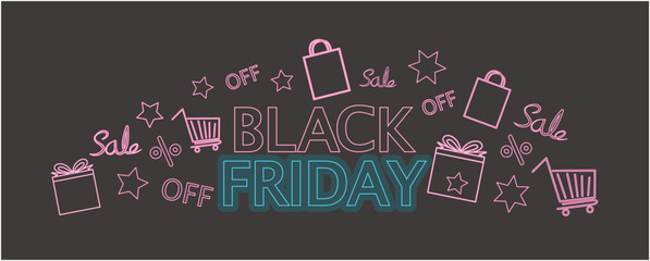 Black Friday concept neon lettering graphic illustration. Black Friday sale decoration background. Vector illustration. Neon sigh graphic for Black Friday promotion. 
