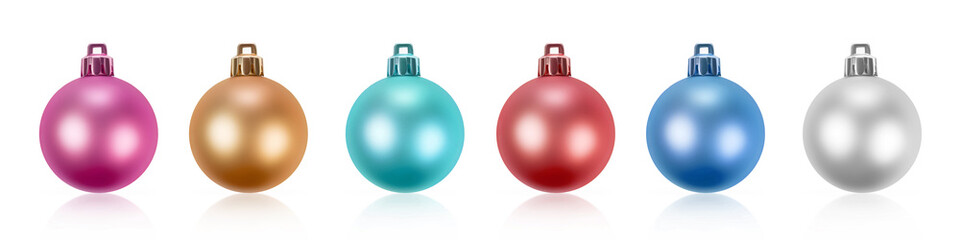 colored Christmas ornaments in a row on white background with reflection