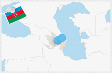 Map of Azerbaijan with a pinned blue pin. Pinned flag of Azerbaijan.