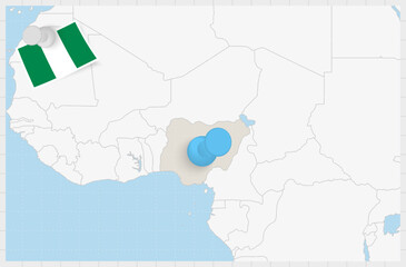Map of Nigeria with a pinned blue pin. Pinned flag of Nigeria.