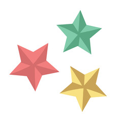 Obraz premium Vector 3D Gold Stars Design Elements on white background. Shining Stars Decorative Design. golden, Green and Pink Stars for Christmas Celebration or for any other concept. 3D Stars Elements