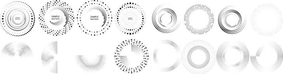 Abstract geometric circles with halftone  dots. Vector rotating dotted Line Design . Transparent design element . Concentric circles logo set .Minimal art 