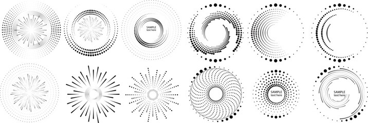 Abstract geometric circles with halftone  dots. Vector rotating dotted Line Design . Transparent design element . Concentric circles logo set .Minimal art 