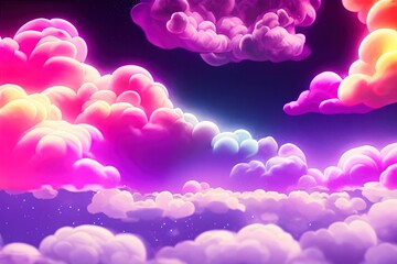 Abstract fantasy landscape. Cumulus neon clouds against night purple sky. Beautiful Natural wallpaper. 3D illustration.