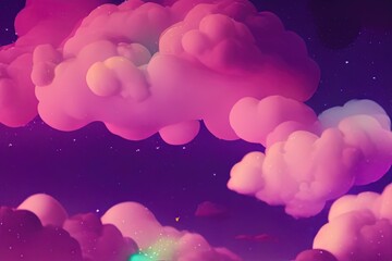Abstract fantasielandschap. Cumulus neonwolken tegen paarse nachthemel. Mooi natuurlijk behang. 3D illustratie.